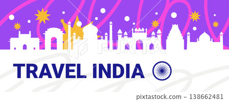 India landmarks skyline travel tourism concept famous monuments silhouette with colorful abstract background stars circles website banner 138662481