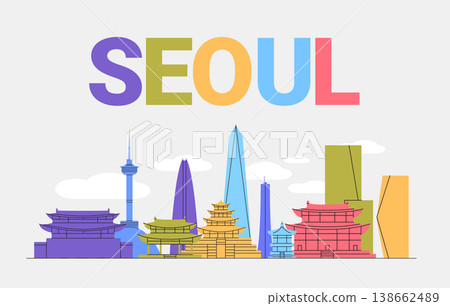 Seoul city skyline travel landmarks modern architecture traditional buildings colorful flat design urban landscape clouds Seoul city skyline travel landmarks modern architecture traditional buildings colorful flat design urban landscape clouds 138662489