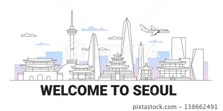 Seoul city skyline tourism landmarks airplane modern buildings traditional architecture pastel clouds website banner 138662491