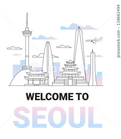 Seoul city skyline travel landmarks airplane modern architecture linear outline urban landscape pastel clouds website banner Seoul city skyline travel landmarks airplane modern architecture linear outline urban landscape pastel clouds website banner 138662494