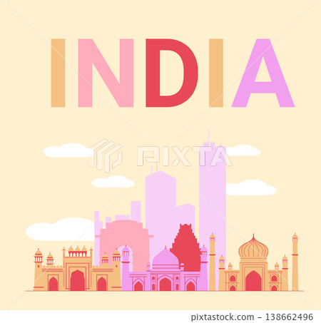 India travel landmarks skyline colorful buildings clouds modern cityscape pastel background banner India travel landmarks skyline colorful buildings clouds modern cityscape pastel background banner 138662496