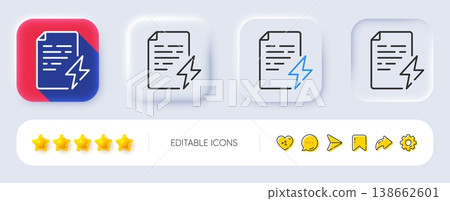 Power certificate line icon. Neumorphic, Flat shadow, 3d buttons. Electric energy document sign. Charge manual symbol. Line power certificate icon. Social media icons. Vector 138662601