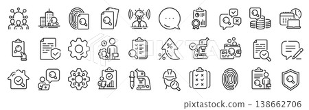 Inspection line icons. Settings gear, Message, Inflation icons. Quality research, Testing and Safety check icons. Microscope analysis, quality control and house verification. Vector 138662706