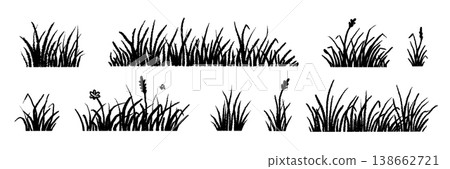 Grass doodle vector line set. Hand drawn grass sketch with meadow field lawn blade flower bush crayon chalk texture. Cute cartoon garden pattern scribble nature background. Vector 138662721