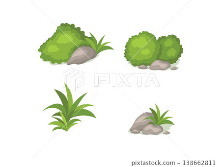 Collection of Green Garden Bushes, Rocks, and Grass Stock Illustration. 138662811