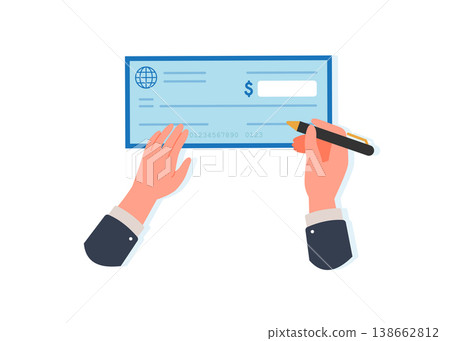 Hand signing bank check with pen payment concept stock illustration. Hand signing bank check with pen payment concept stock illustration. 138662812