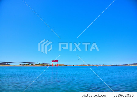 Shizuoka Prefecture: The red torii gate and blue sky of Bentenjima Island in Hamamatsu City Shizuoka Prefecture: The red torii gate and blue sky of Bentenjima Island in Hamamatsu City 138662856