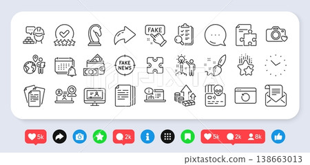 Online documentation, Online video and Fake information line icons pack. Social media: share, comment, like icons. Rating stars, Creative idea, Recovery internet web icon. Vector 138663013