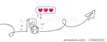 Internet document line icon. Continuous line with share plane. Doc file page sign. Office note symbol. Hearts rate review in speech bubble. Internet document single line ribbon. Vector 138663019