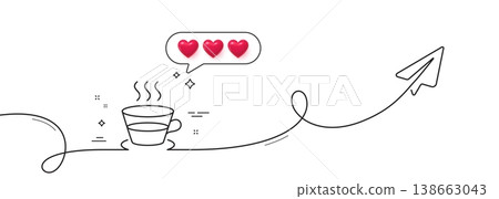 Coffee and Tea line icon. Continuous line with share plane. Hot drink sign. Fresh beverage symbol. Hearts rate review in speech bubble. Coffee cup single line ribbon. Loop curve pattern. Vector Coffee and Tea line icon. Continuous line with share plane. Hot drink sign. Fresh beverage symbol. Hearts rate review in speech bubble. Coffee cup single line ribbon. Loop curve pattern. Vector 138663043