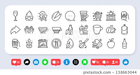Overeating pills, Vegetables cart and Apple line icons pack. Social media: share, comment, like icons. Cappuccino, Market, Gluten free web icon. Scotch bottle, Cooking whisk, Tea cup pictogram. Vector Overeating pills, Vegetables cart and Apple line icons pack. Social media: share, comment, like icons. Cappuccino, Market, Gluten free web icon. Scotch bottle, Cooking whisk, Tea cup pictogram. Vector 138663044