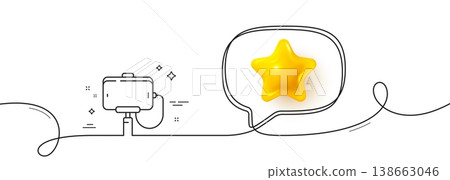 Selfie stick line icon. Continuous line with 3d star. Phone portrait photo sign. Mobile accessories symbol. 3d star in speech bubble. Selfie stick single line ribbon. Loop curve pattern. Vector Selfie stick line icon. Continuous line with 3d star. Phone portrait photo sign. Mobile accessories symbol. 3d star in speech bubble. Selfie stick single line ribbon. Loop curve pattern. Vector 138663046