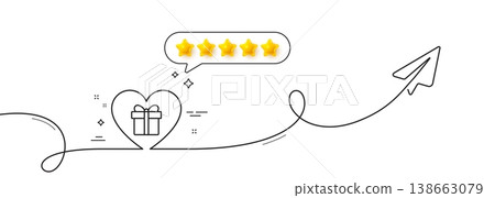 Love Gift box line icon. Continuous line with share plane. Present or Sale sign. Birthday Shopping symbol. Package in Gift Wrap. Five star rate review in speech bubble. Vector Love Gift box line icon. Continuous line with share plane. Present or Sale sign. Birthday Shopping symbol. Package in Gift Wrap. Five star rate review in speech bubble. Vector 138663079