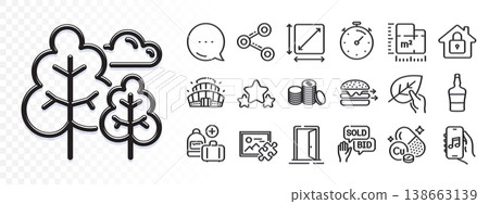 Share, Timer and Stars line icons for web app. Glare of light effect. Message icon. Pack of Lock, Music app, Open door pictogram icons. Food delivery, Add handbag, Floor plan signs. Vector 138663139