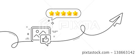 Like photo line icon. Continuous line with share plane. Thumbs up sign. Positive feedback, social media symbol. Five star rate review in speech bubble. Like photo single line ribbon. Vector 138663142
