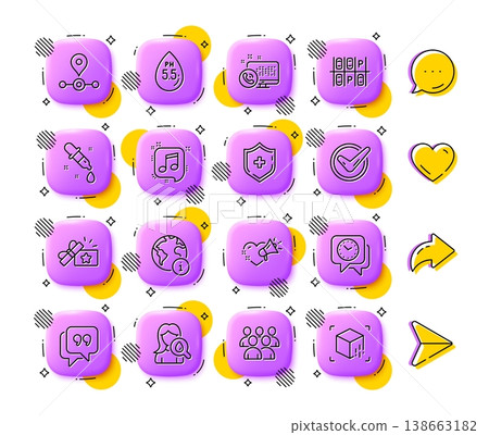 Moisturizing cream, Love message and Ph neutral line icons. App 3d buttons. Social media comment, share, like icons. Pack of Confirmed, Musical note, Group icon. Vector Moisturizing cream, Love message and Ph neutral line icons. App 3d buttons. Social media comment, share, like icons. Pack of Confirmed, Musical note, Group icon. Vector 138663182