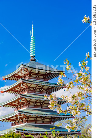 （靜岡縣）鹿貫山/高陵台，和平紀念塔被盛開的櫻花覆蓋。 138663235