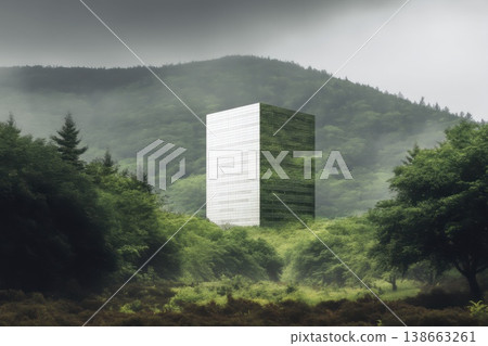 Serene View of Skyscraper Surrounded by Lush Green Forest in Mystical Distance 138663261