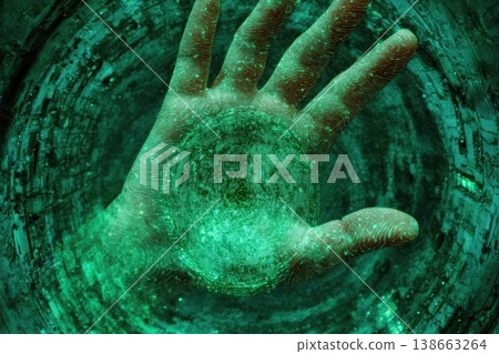 Futuristic Biometric Security Scanner Hand Close-Up with Digital Interface Effect Futuristic Biometric Security Scanner Hand Close-Up with Digital Interface Effect 138663264
