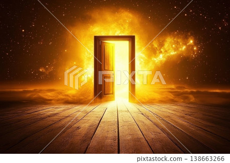 Surreal Doorway Stands Alone in the Vastness of a Cosmic Landscape at Dawn Surreal Doorway Stands Alone in the Vastness of a Cosmic Landscape at Dawn 138663266