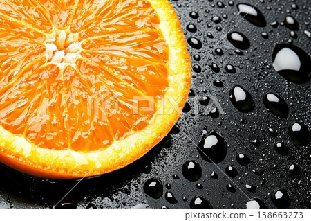 Close-Up, Photorealistic Image of Vibrant Orange Slice with Water Droplets Close-Up, Photorealistic Image of Vibrant Orange Slice with Water Droplets 138663273
