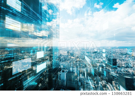 Futuristic Digital Cityscape with Bright Skies and Business Vibes Futuristic Digital Cityscape with Bright Skies and Business Vibes 138663281
