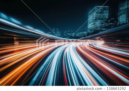 Dynamic Night Cityscape with Light Trails and Urban Skyline in Motion Blur Effect 138663292