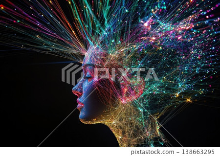 Abstract representation of human consciousness with colorful light trails and vivid energy flows Abstract representation of human consciousness with colorful light trails and vivid energy flows 138663295