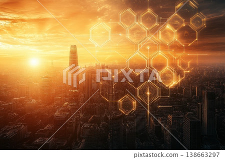 Cybernetic Cityscape at Twilight with Golden Light and Futuristic Elements Cybernetic Cityscape at Twilight with Golden Light and Futuristic Elements 138663297