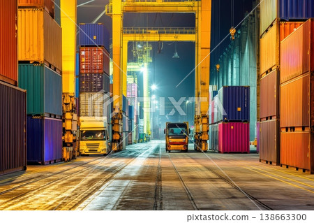 Dramatic Night Time Scene of International Cargo Containers and Trucks at Port 138663300