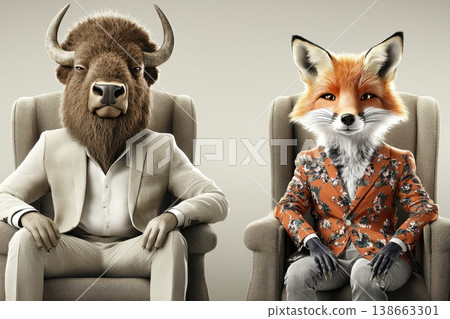 Trendy Bison and Fox Characters in Light Suits with Rolled-Up Sleeves Sitting Comfortably 138663301