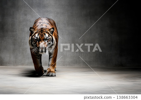 Fierce Tiger Walking Forward with Unwavering Deter in a Dramatic Setting 138663304