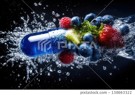 Vibrant Time Lapse of Dissolving Pill Surrounded by Fresh Berries in Water Splash 138663322