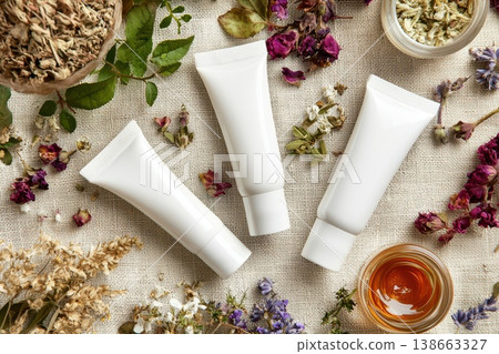 Elegant Arrangement of White Cosmetic Tubes on Linen with Herbal Decorations Elegant Arrangement of White Cosmetic Tubes on Linen with Herbal Decorations 138663327