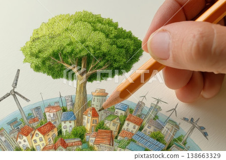 Hand Holding Pencil Sketching Colorful House Designs Surrounded by Nature and Wind Turbines Hand Holding Pencil Sketching Colorful House Designs Surrounded by Nature and Wind Turbines 138663329