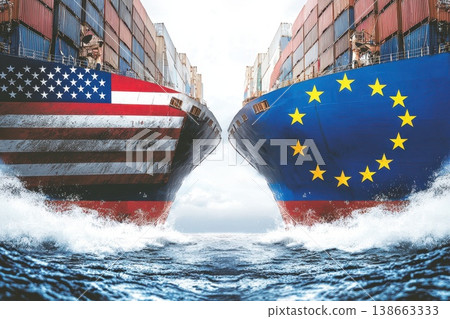 Two Trade Vessels Painted in Stars and Stripes on Ocean Background 138663333