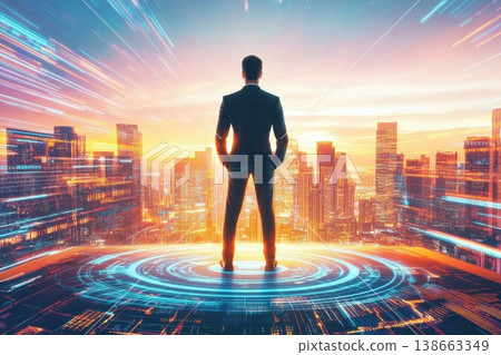Businessman Standing on Rooftop Helipad Overlooking City Skyline at Sunset Businessman Standing on Rooftop Helipad Overlooking City Skyline at Sunset 138663349