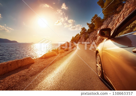 Scenic Coastal Drive with Convertible Parked Near a Winding Cliff at Sunset Scenic Coastal Drive with Convertible Parked Near a Winding Cliff at Sunset 138663357