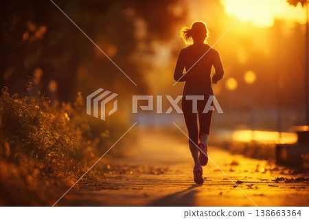 Healthy Middle Aged Woman Jogging in Morning Light in Park During Sunrise for Fitness and Wellness 138663364