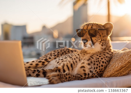 Cheetah Relaxing on Rooftop Terrace in City during Sunset with Laptop and Sunglasses Cheetah Relaxing on Rooftop Terrace in City during Sunset with Laptop and Sunglasses 138663367