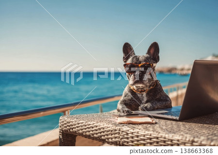Relaxed dog in sunglasses sitting by the sea with a laptop on a sunny day Relaxed dog in sunglasses sitting by the sea with a laptop on a sunny day 138663368