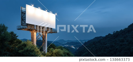 Elevated Billboard Mockup Illuminated by Glowing Lights on Walkway Surrounded by Scenic Landscape Elevated Billboard Mockup Illuminated by Glowing Lights on Walkway Surrounded by Scenic Landscape 138663373