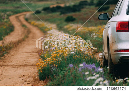 Modern Crossover Vehicle Resting by Open Countryside Path with Colorful Wildflowers Modern Crossover Vehicle Resting by Open Countryside Path with Colorful Wildflowers 138663374