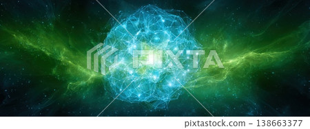 Holographic Abstract Network Forming Luminous Web with Green and Blue Tones in Space Holographic Abstract Network Forming Luminous Web with Green and Blue Tones in Space 138663377
