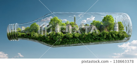 Surreal Terrarium Scene with Glass Bottle Floating Against a Clear Blue Sky 138663378