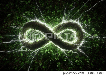 Symbolic Infinity Loop with Merging Arrows and Greenery Elements for Recycling Concept Symbolic Infinity Loop with Merging Arrows and Greenery Elements for Recycling Concept 138663380