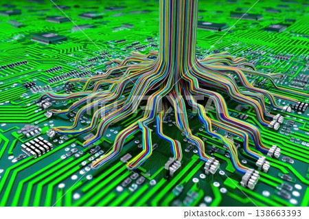 Stylized Illustration of a Tree Root System Rendered on a Circuit Board Background Stylized Illustration of a Tree Root System Rendered on a Circuit Board Background 138663393