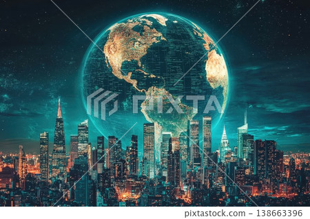 Futuristic Visualization of Global Fintech Ecosystem with City Background Futuristic Visualization of Global Fintech Ecosystem with City Background 138663396