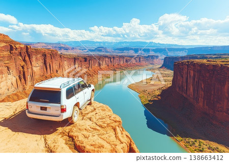 Scenic Overlook View of Car Parked on Cliff Edge Above River in Stunning Landscape 138663412