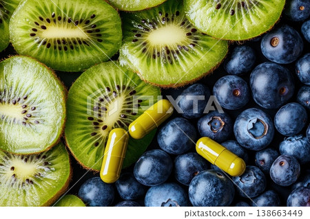 Close Up of Supplement Capsules Placed Next to Fresh Kiwi and Blueberry Fruits 138663449